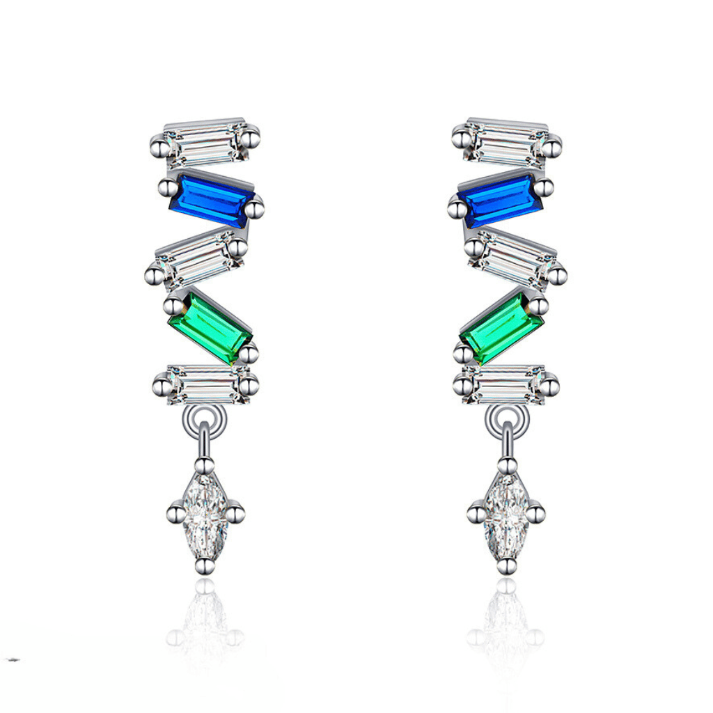 Sterling silver drop earrings with sparkling blue and green stones.