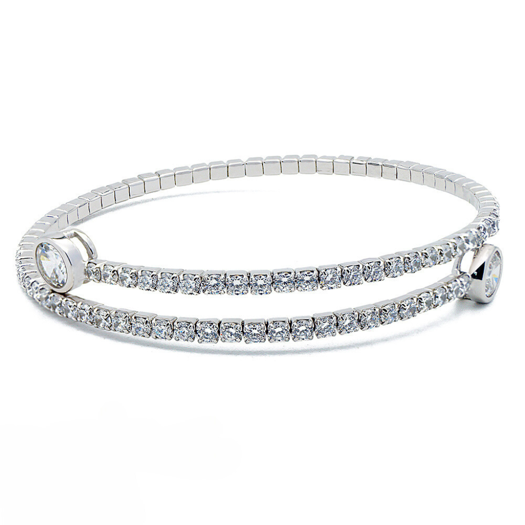 A high quality shiny double bangle encrusted with Cubic zirconia stones. Made from Sterling Silver.