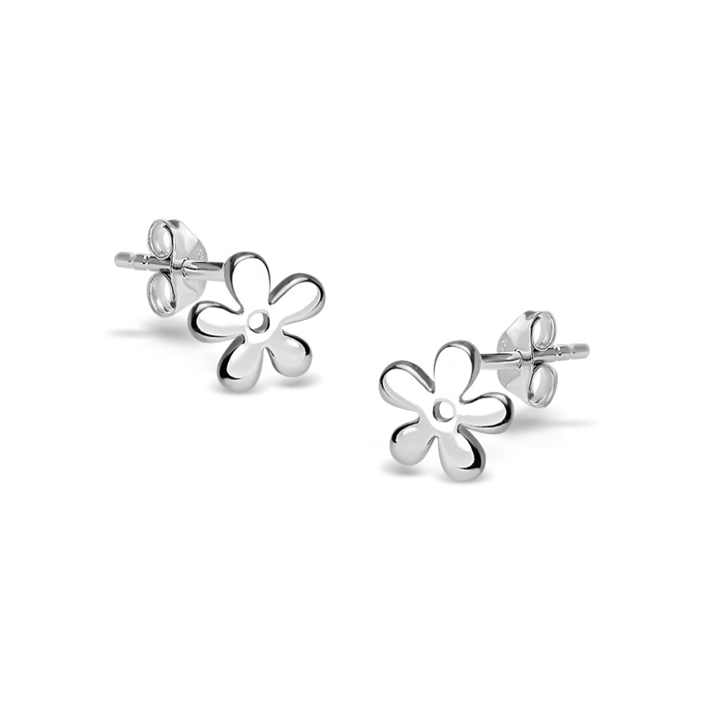 High polish finish tiny flower stud earrings made from Sterling Silver.