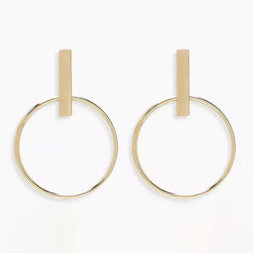 Gold Statement Earrings featuring a vertical bar with a 30mm hoop attached.