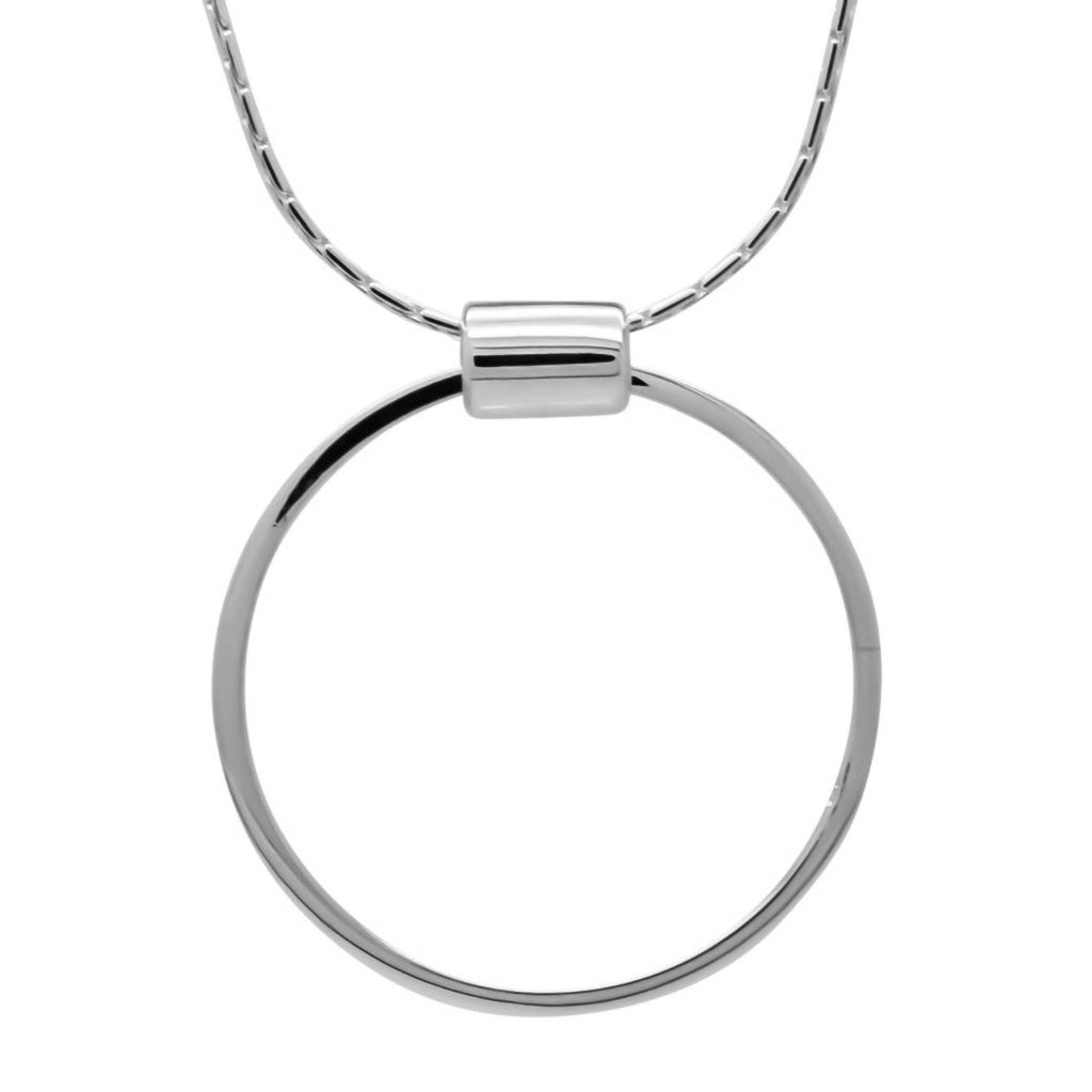 Close up of a quality statement circle necklace finished in a high polished silver.