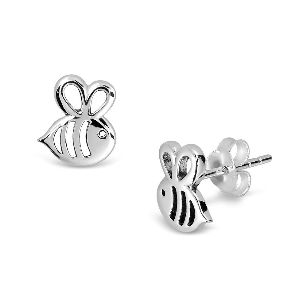 A pair of high polished sterling silver bumblebee studs.