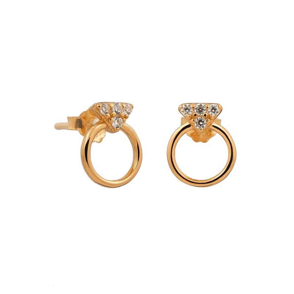Gold open circle stud with a petite triangle encrusted with CZ stones on the top of the circle.