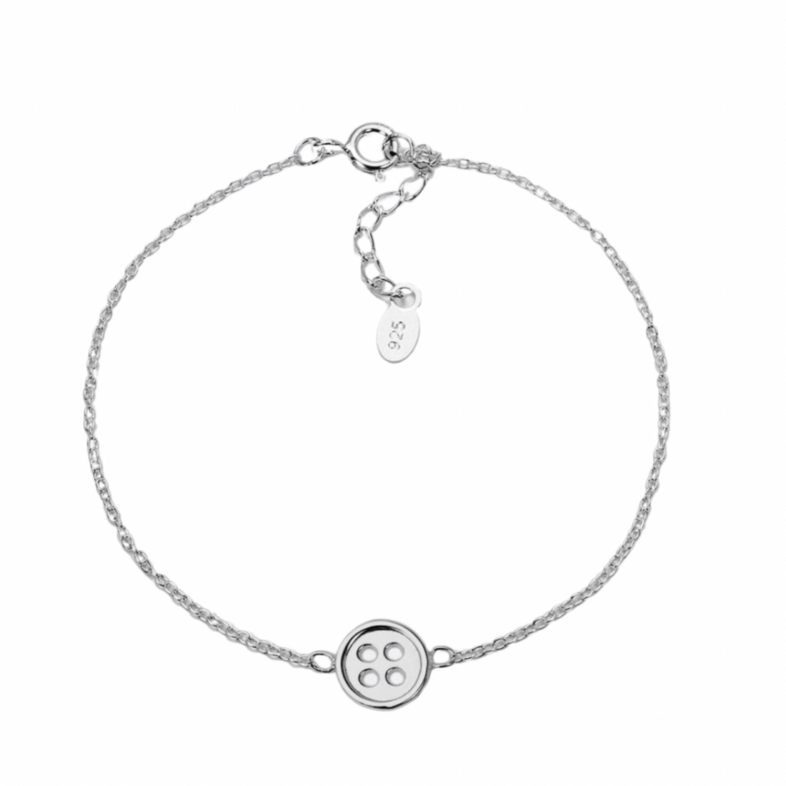 Silver bracelet with button charm and ajustable fastener.