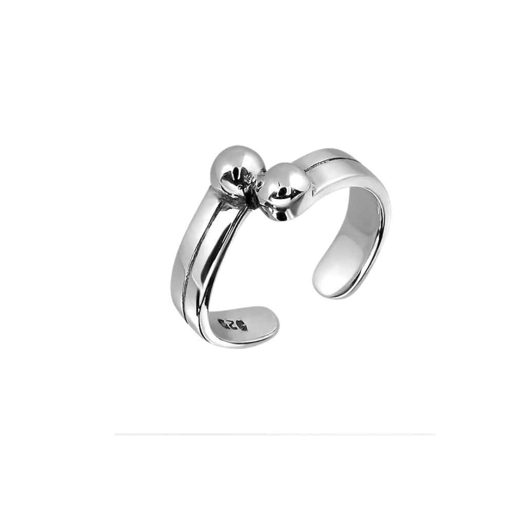 Two balls high polish toe ring in sterling silver.