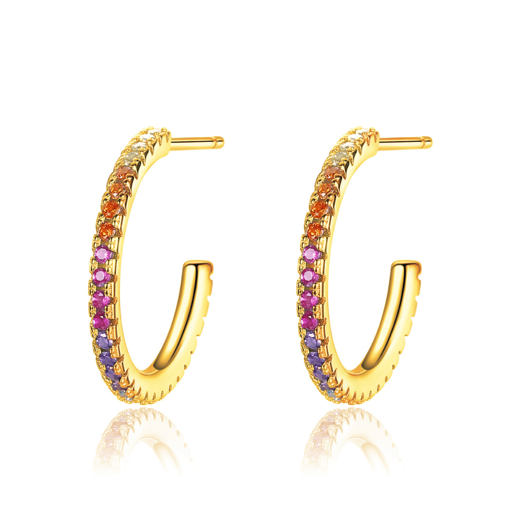 Gold rainbow hoop earrings encrusted with sparkling cubic zirconia gemstones.