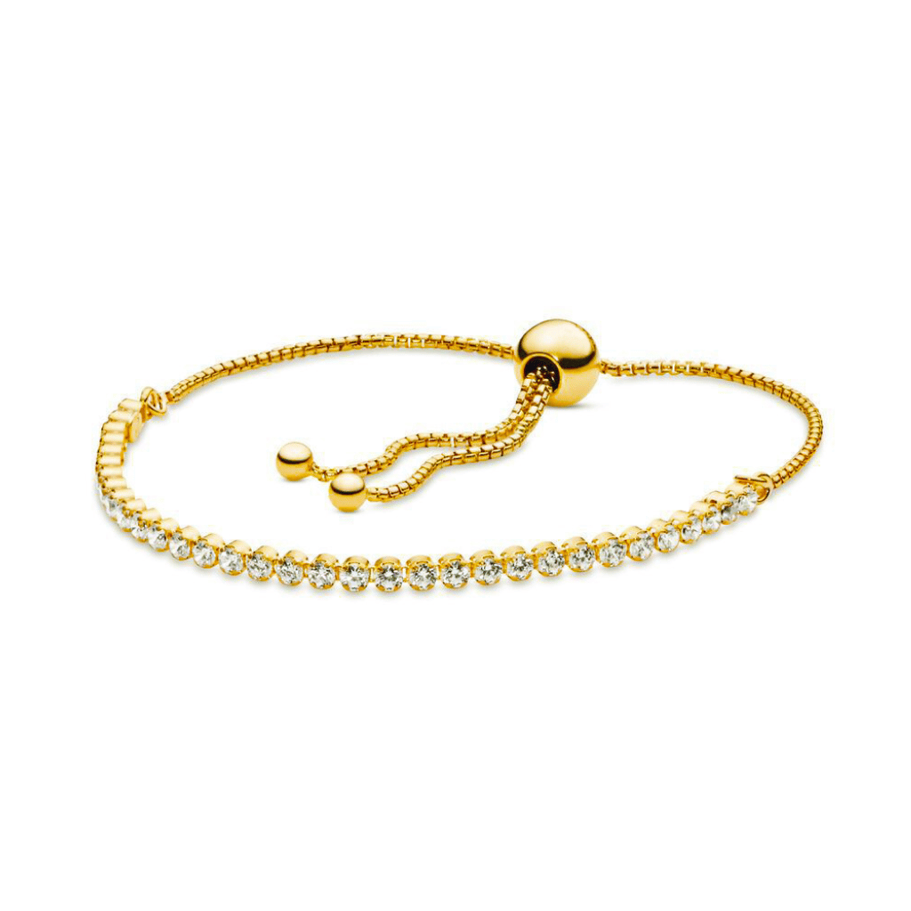 A sparkling gold slider bracelet made with cubic zirconia bright stones. A slider fastener to fit all wrist sizes.