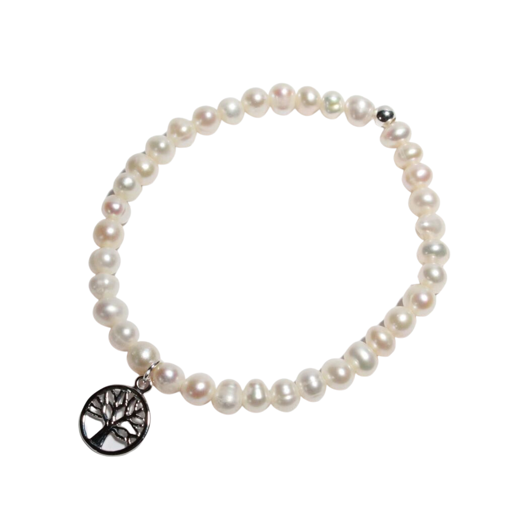 Continuous freshwater pearl beads with a tree of life charm in sterling silver.