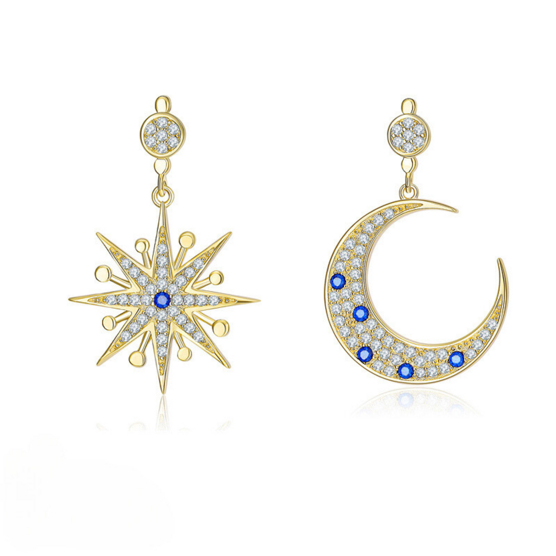 One earrings is a star and the other a moon encrusted in cubic zirconia stones that are very bright. 