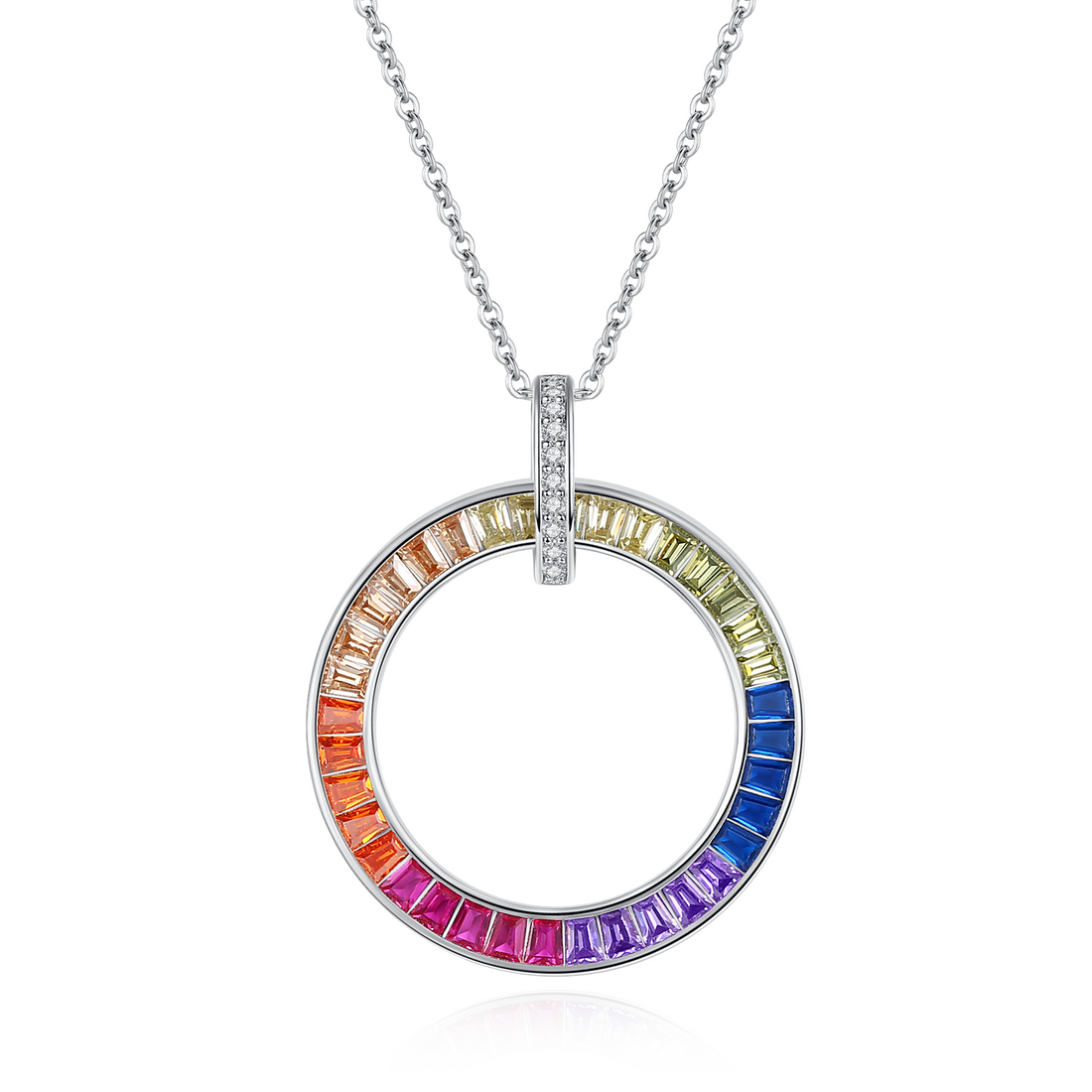 A stunning sparkling circle necklace encrusted with quality cubic zirconia stones in the colour of the rainbow.