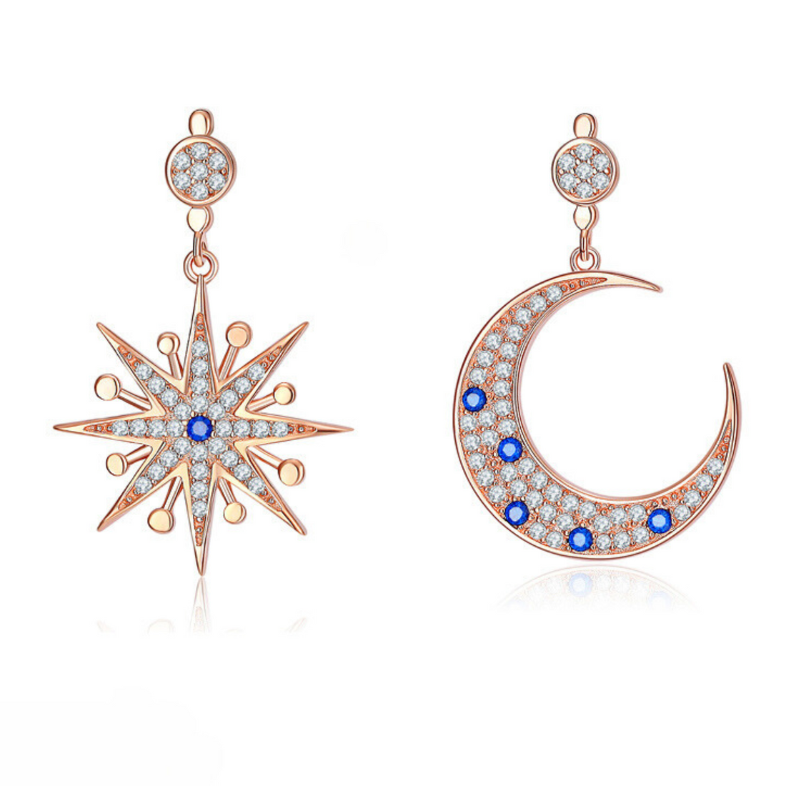 Stunning Star and moon earrings made in Rose Gold with quality cubic zirconia stones.