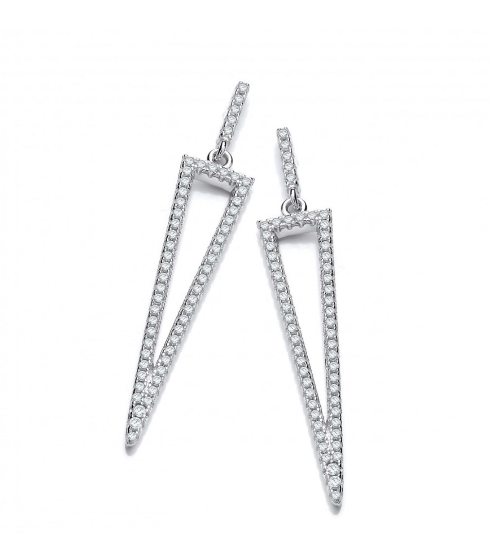 Sterling silver statment triangle drop earrings encrusted with cz stones.