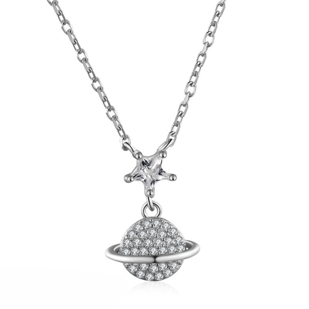 A shimmering star with small drop orbit on silver chain.