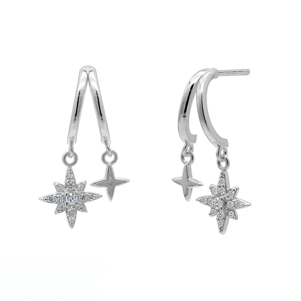 A double huggie earring featuring two star drops  one in plain silver and the larger star encrusted in cubic zirconia stones. High polish finish and unique design made from Sterling Silver.