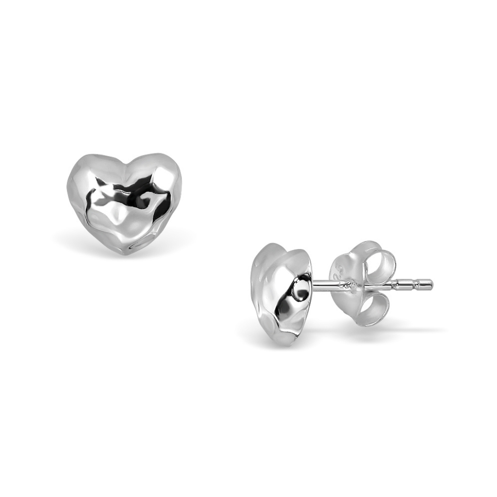 Handmade hammered heart stud earrings.