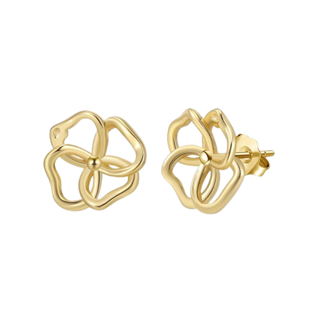 Close-up of gold plated abstract bloom stud earrings showing open-petal design