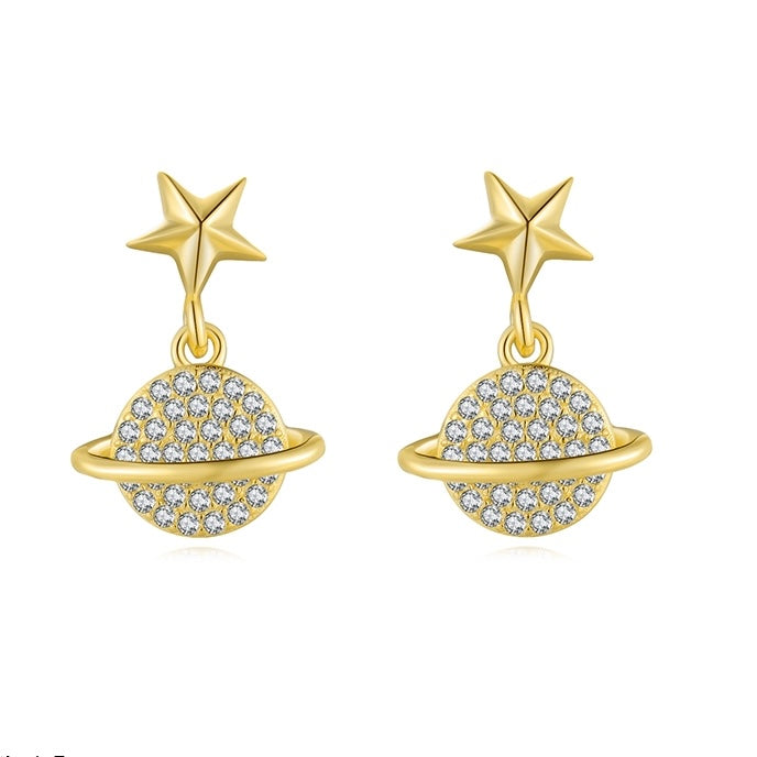 Gold star stud earrings with a drop orbit encrusted with quality cubic zirconia stones.
