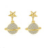 Gold star stud earrings with a drop orbit encrusted with quality cubic zirconia stones.