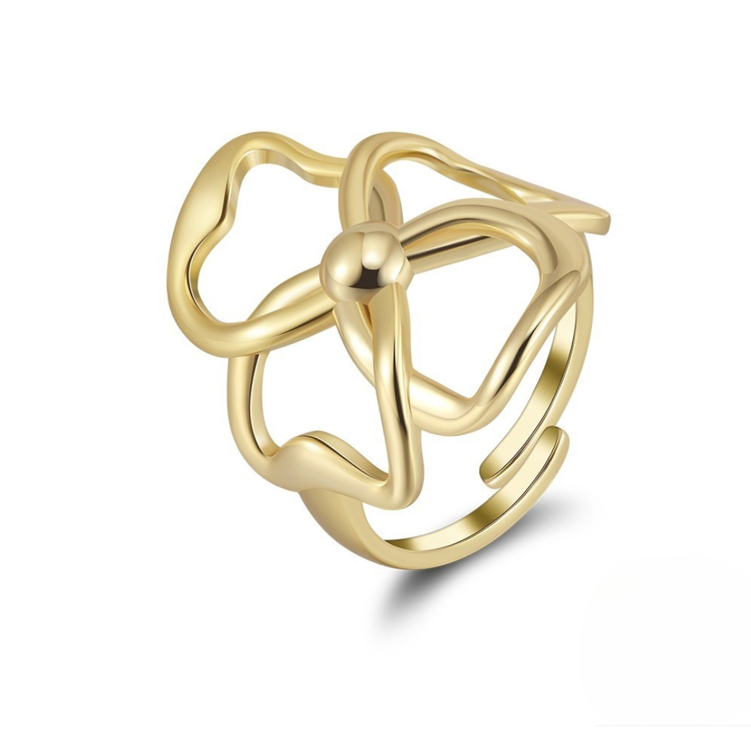 Angled view of adjustable Gold Plated Abstract Bloom Ring in 14k gold plating