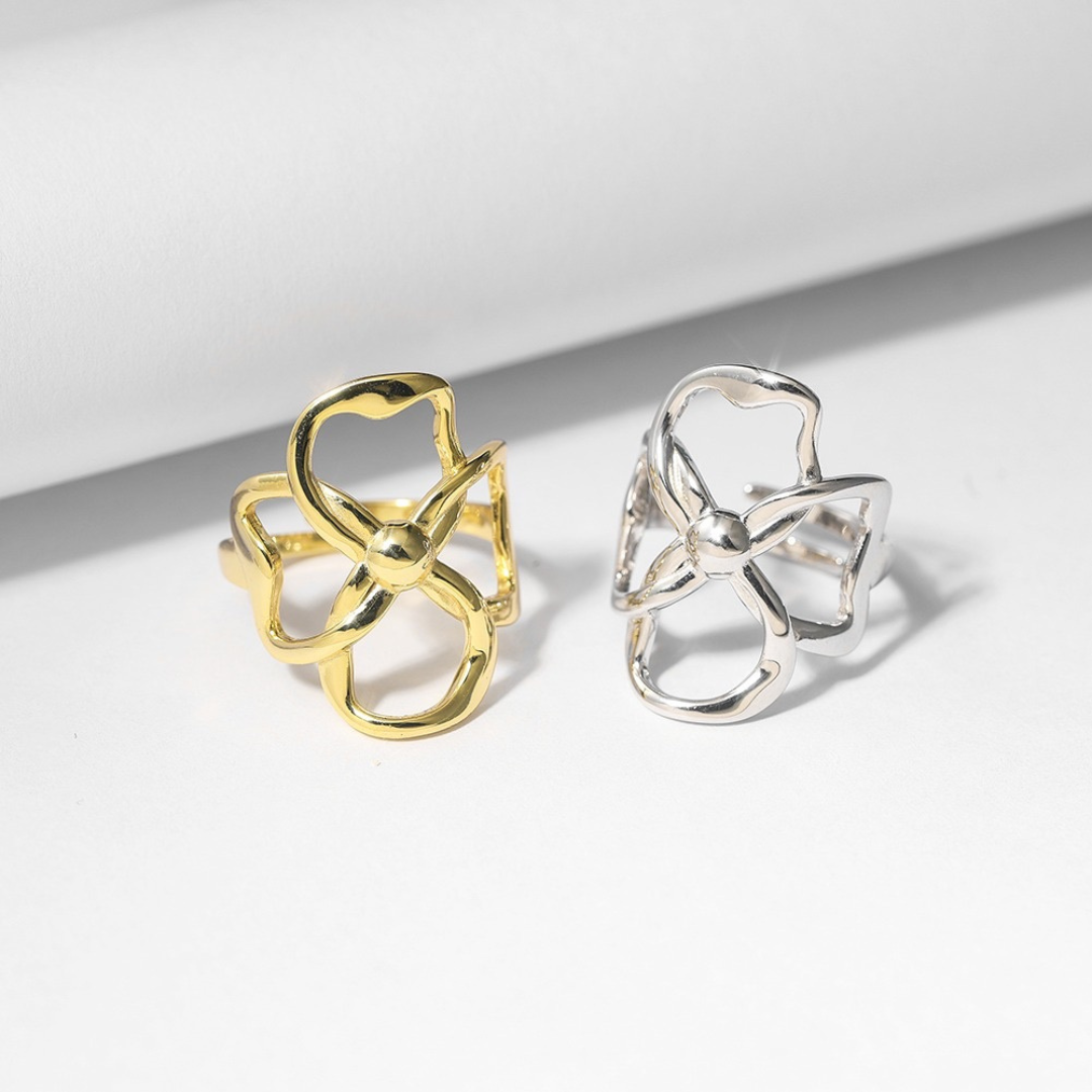 Front view of Gold Plated &amp; Sterling Silver Abstract Bloom Ring with open-petal floral design