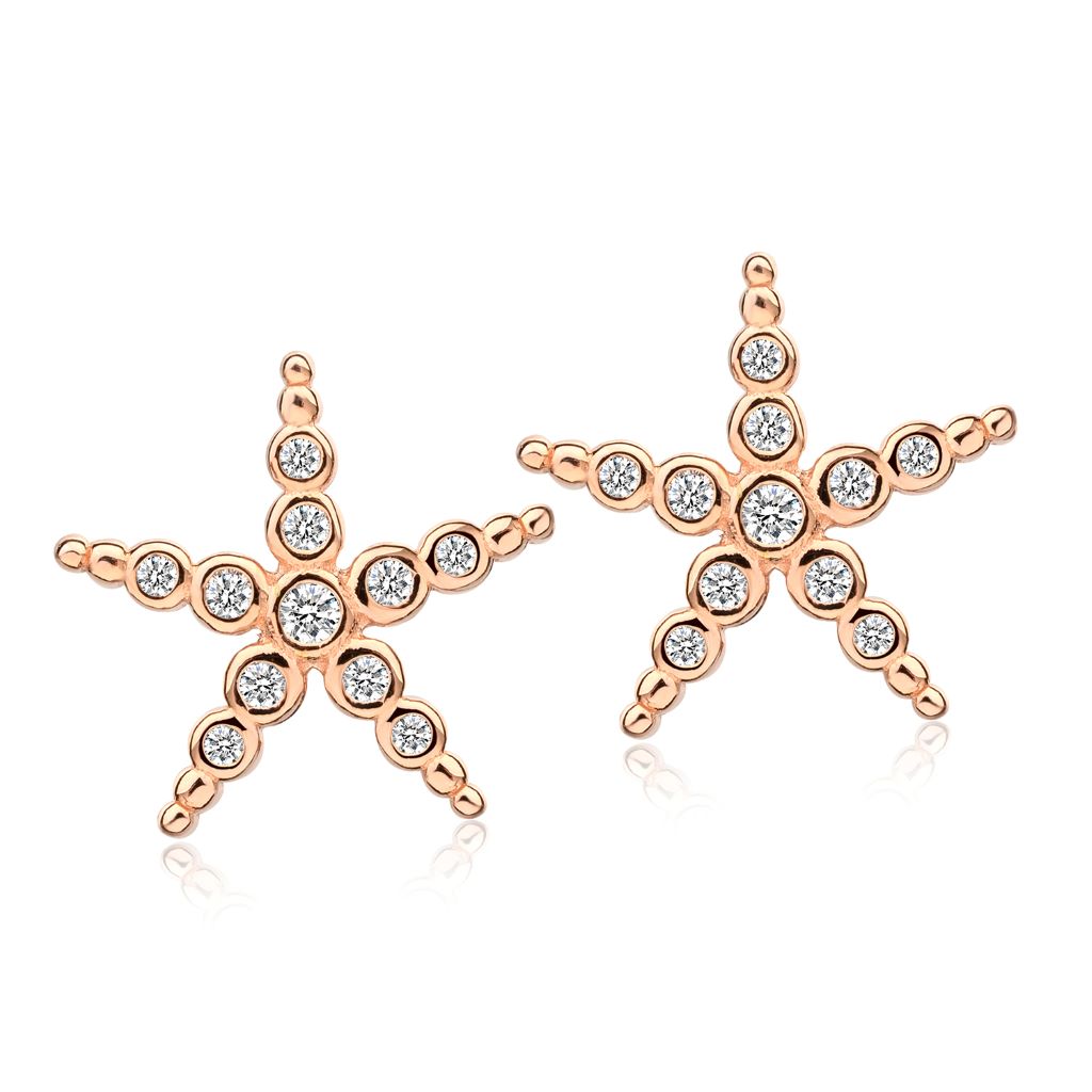 Gold stunning shimmering star stud earrings encrusted with cubic zirconia stones.