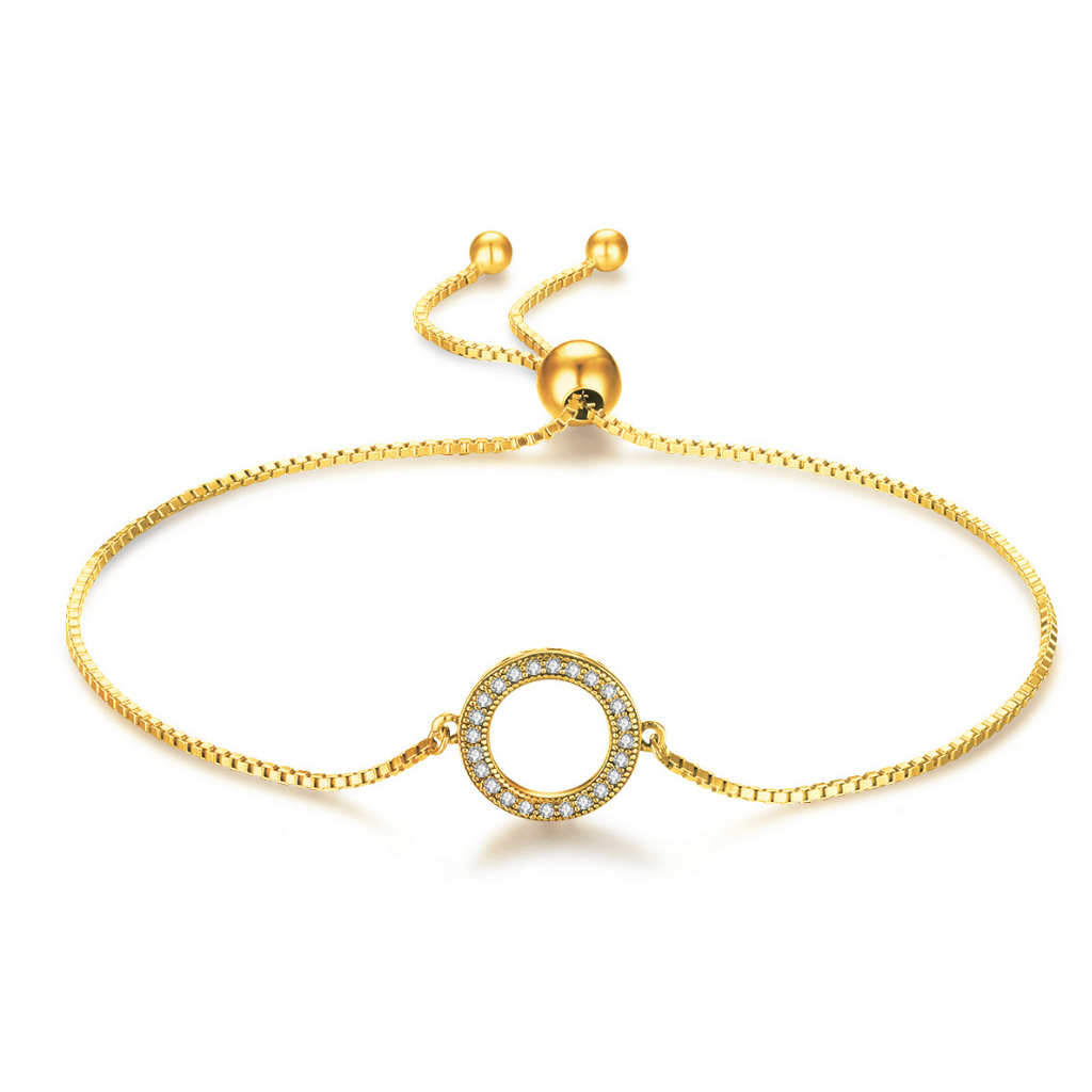 A quality shiny gold strand featuring a circle with encrusted cubic zirconia stones on an adjustable fastner.