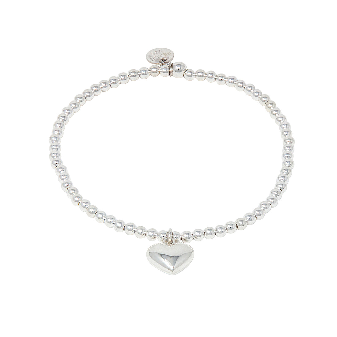 A high polish bead stretch bracelet with a puffed heart charm.