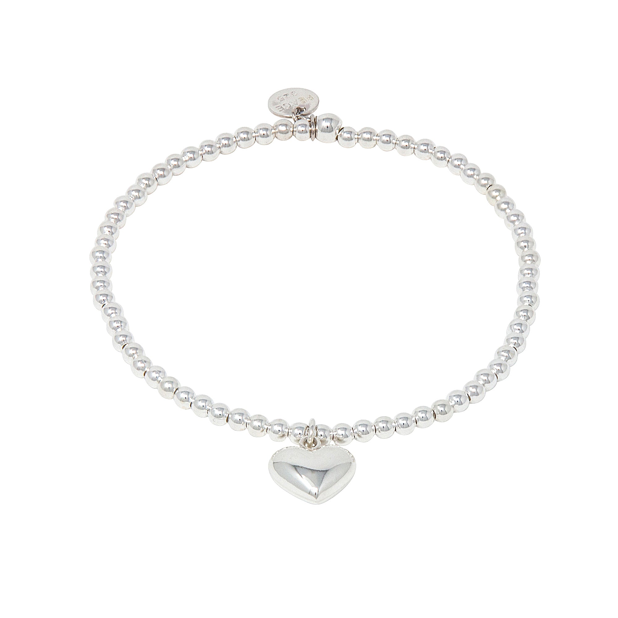 High polish bead ball bracelet with a puffed love heart charm.