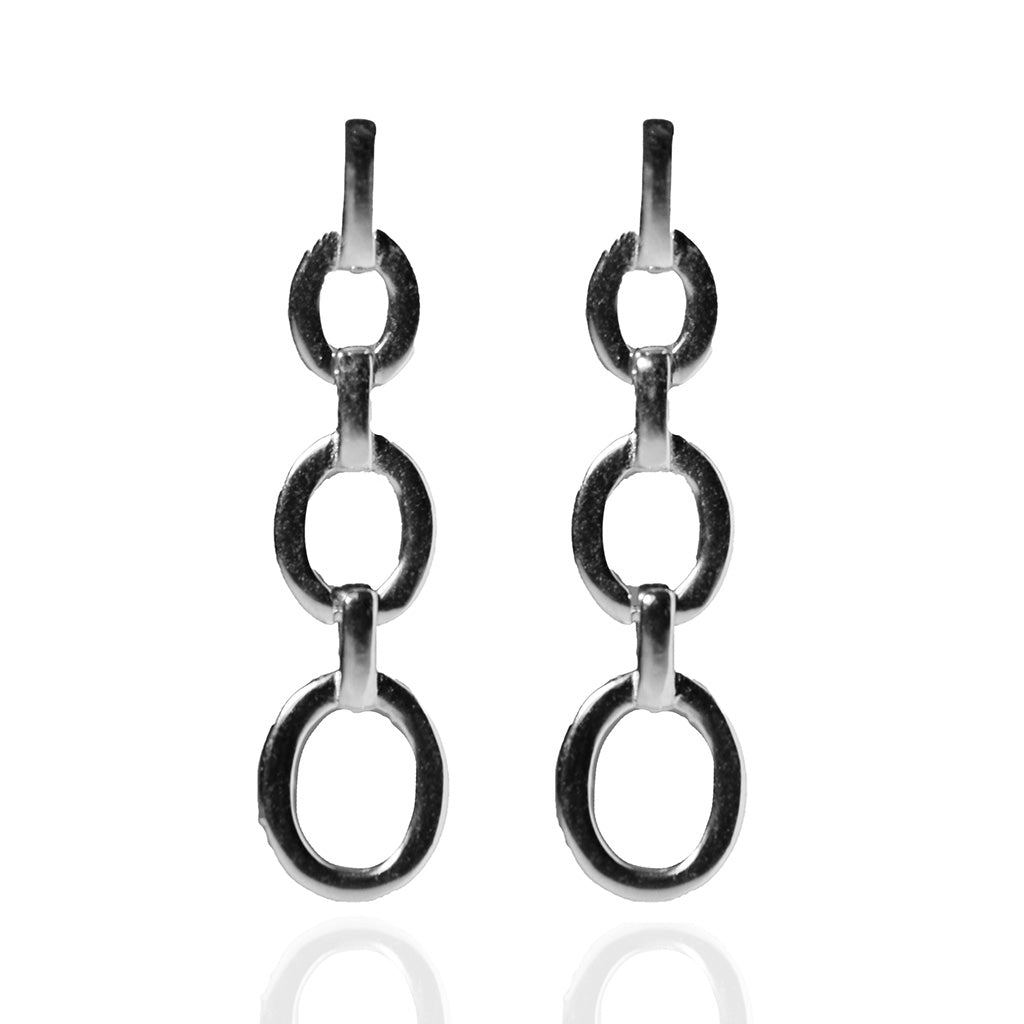 High polished sterling silver drop earrings featuring three interlinking circles hoops.