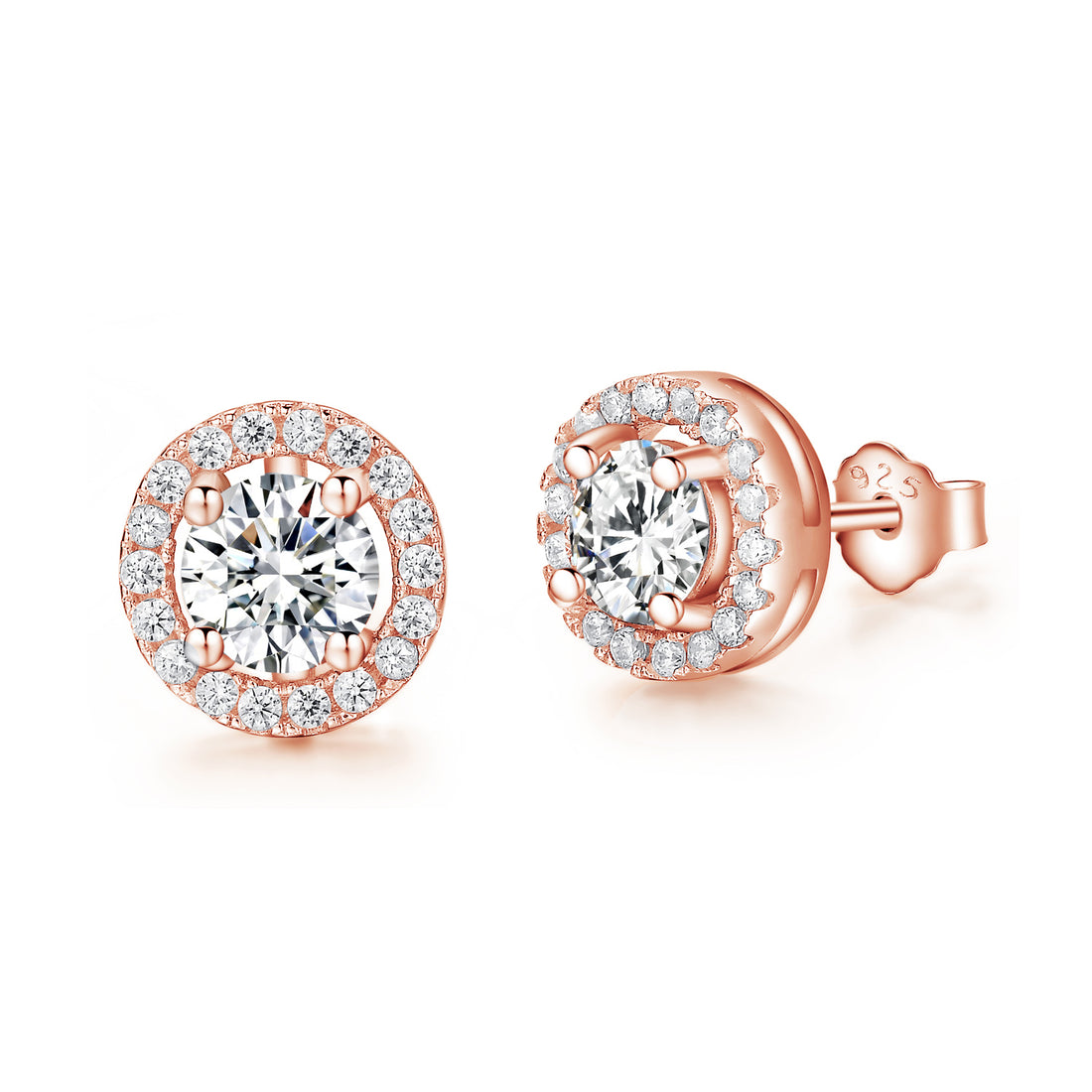 Rose gold stud earrings with a solo centre cubic zirconia stone surrounded by tiny sparking stones.