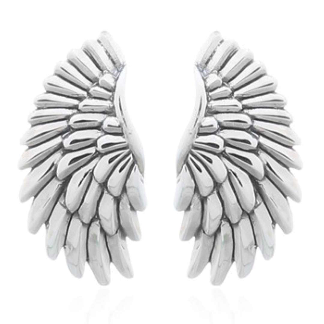 High shine detailed angel wing earrings. Detailed design to catch the eye.