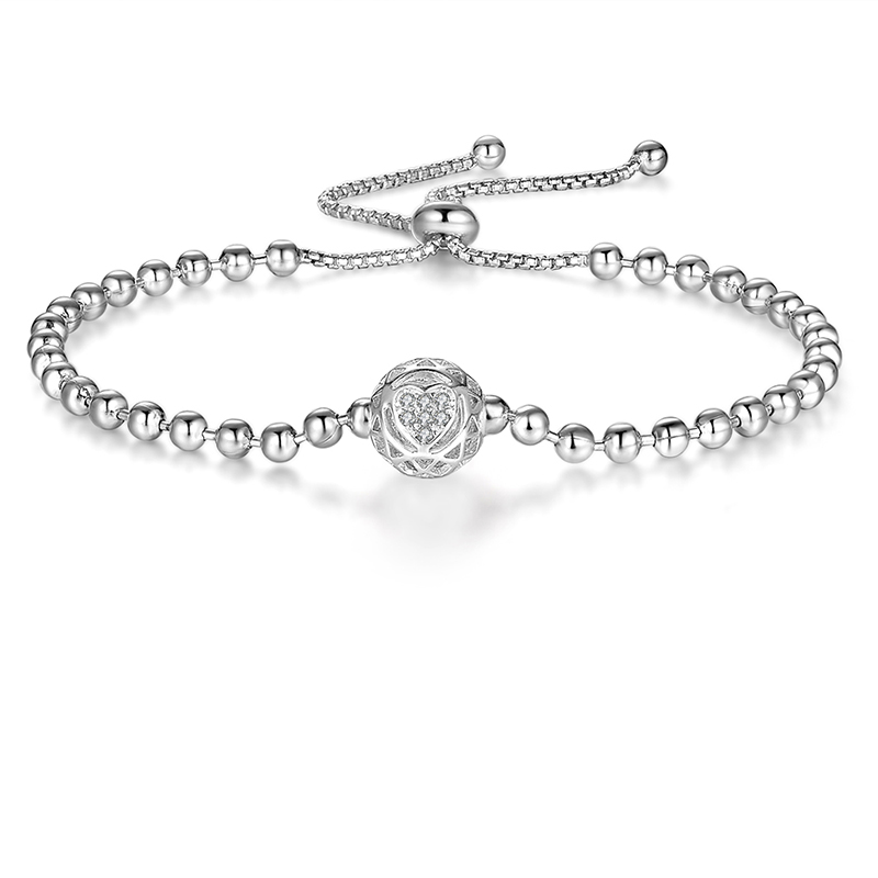 Sterling silver beaded bracelet featuring a love heart encursted with cubic zirconia stones.