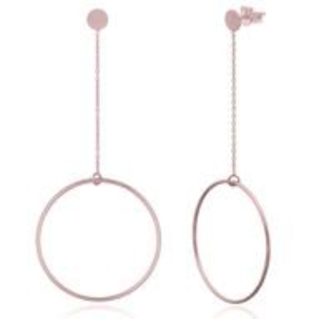 Rose gold stud earrings with a chain drop and statement circle charm.