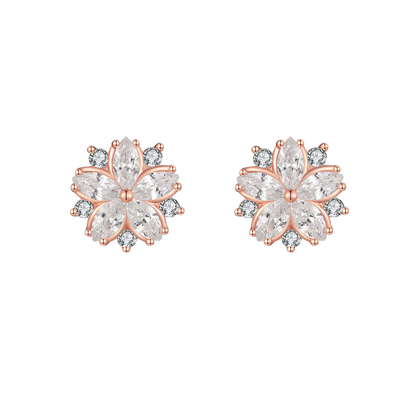 Sterling Silver Rose Gold Cubic Zirconia Flower Studs
