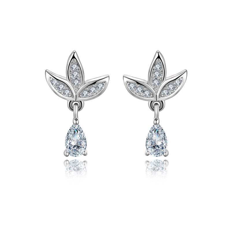 Sterling Silver CZ Leaf Drop Earrings