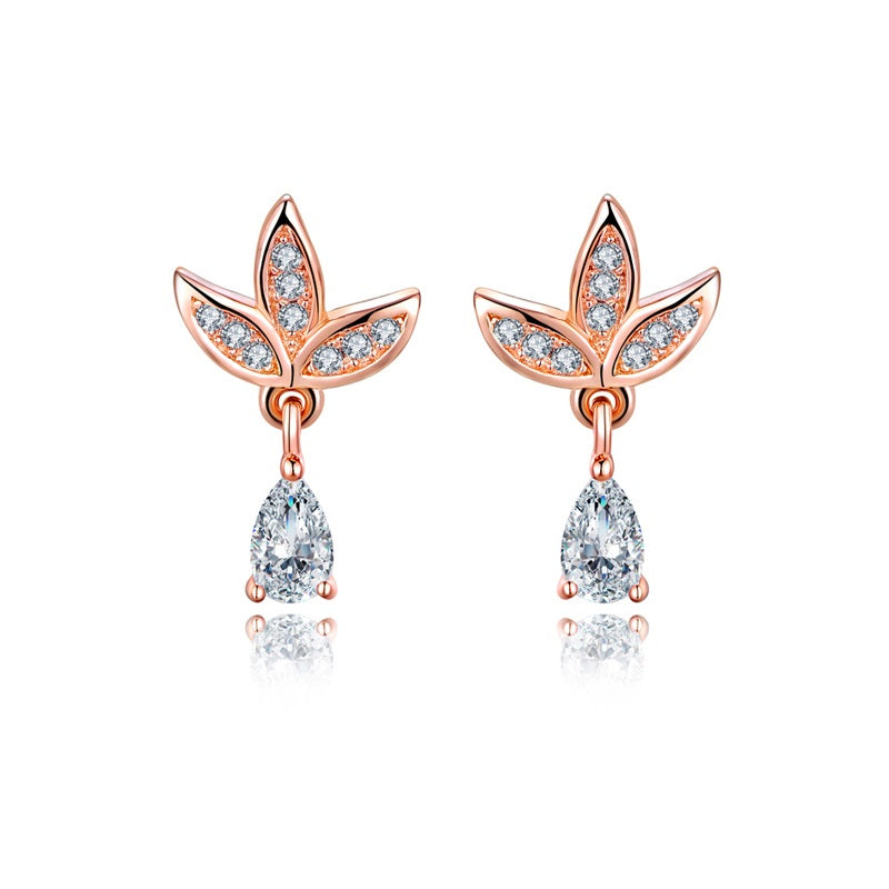 Rose Gold CZ Leaf Drop Earrings