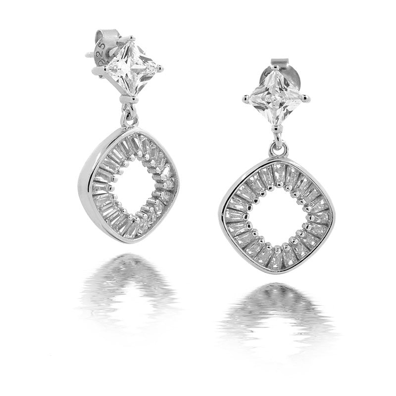 Shimmering pair of drop diamond shape earrings. Encrusted in best quality cubic zirconia stones.