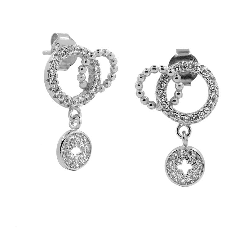Sterling Silver Two Circle CZ  Sparkle Stud Drop Earrings