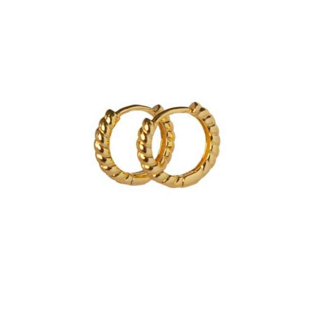 Gold huggie hoop earrings featuring a rope texture with a polish finish.