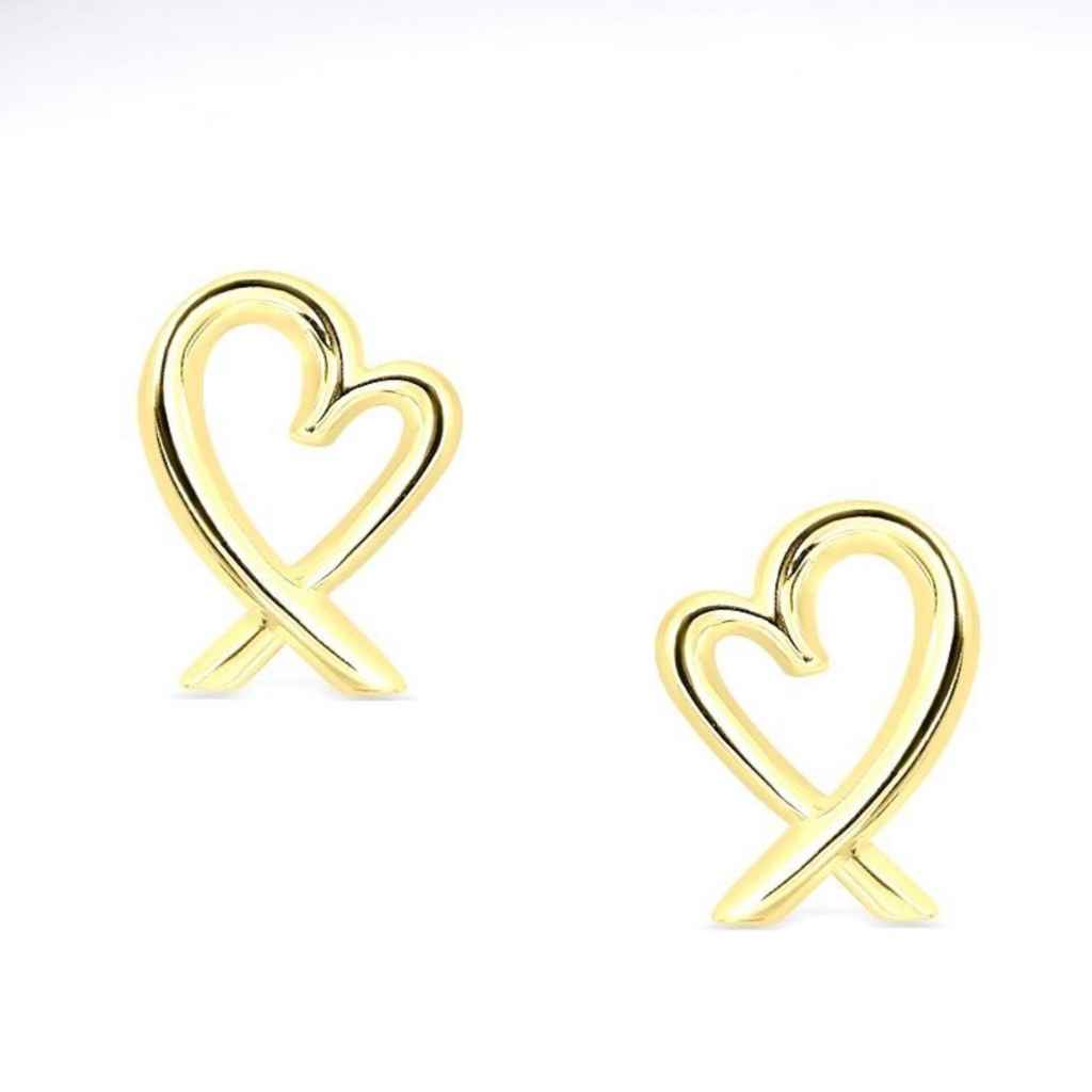 Open heart stud earrings that cross over at the bottom. A gold high polish finish.
