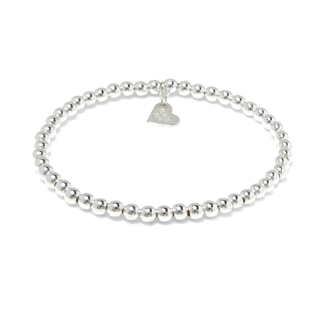 Sterling Silver bracelet with continuous 4mm balls featuring a flat heart charm. A timeless bead bracelet with high polish finish.