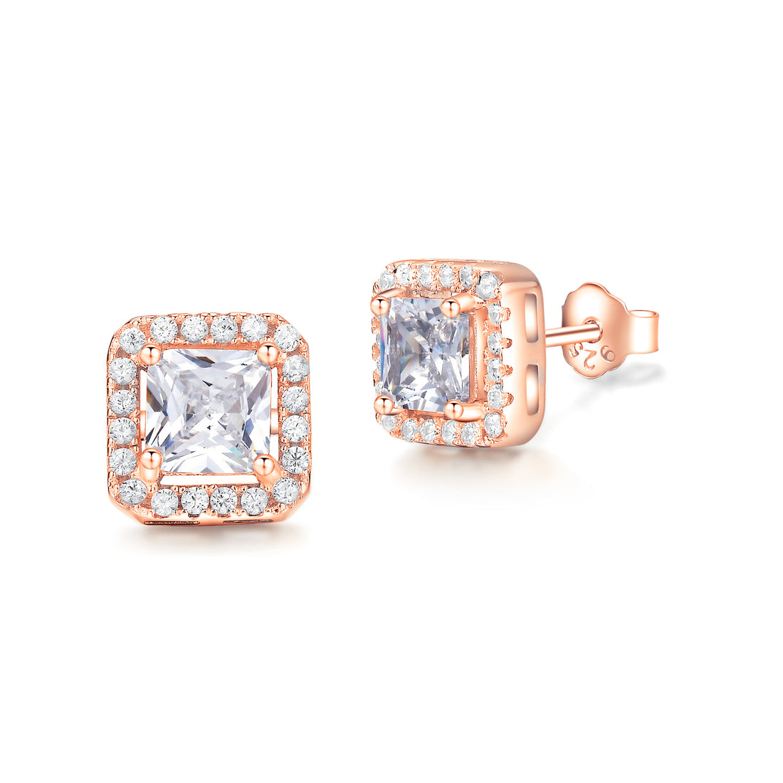 Stunning square cubic zirconia stones earrings made from Sterling Silver plated in Rose-gold.