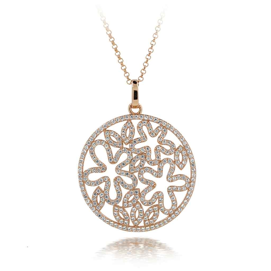 Rose Gold Large Circle Necklace with flower shapes inside.