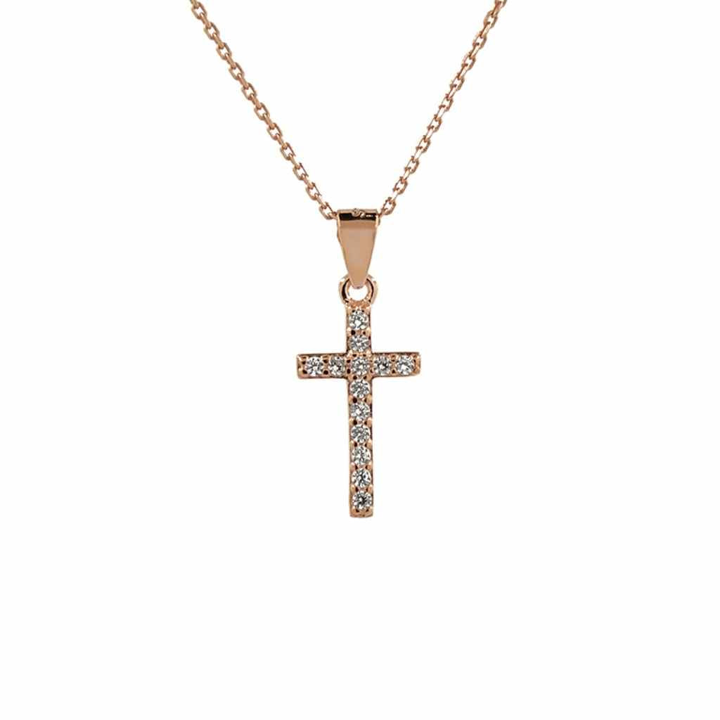 Rose Gold Cross Necklace encrusted with CZ stones.