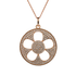 A statement necklace with a large circle charm with a cut  out flower in the centre. Encrusted with cubic zirconia stones.