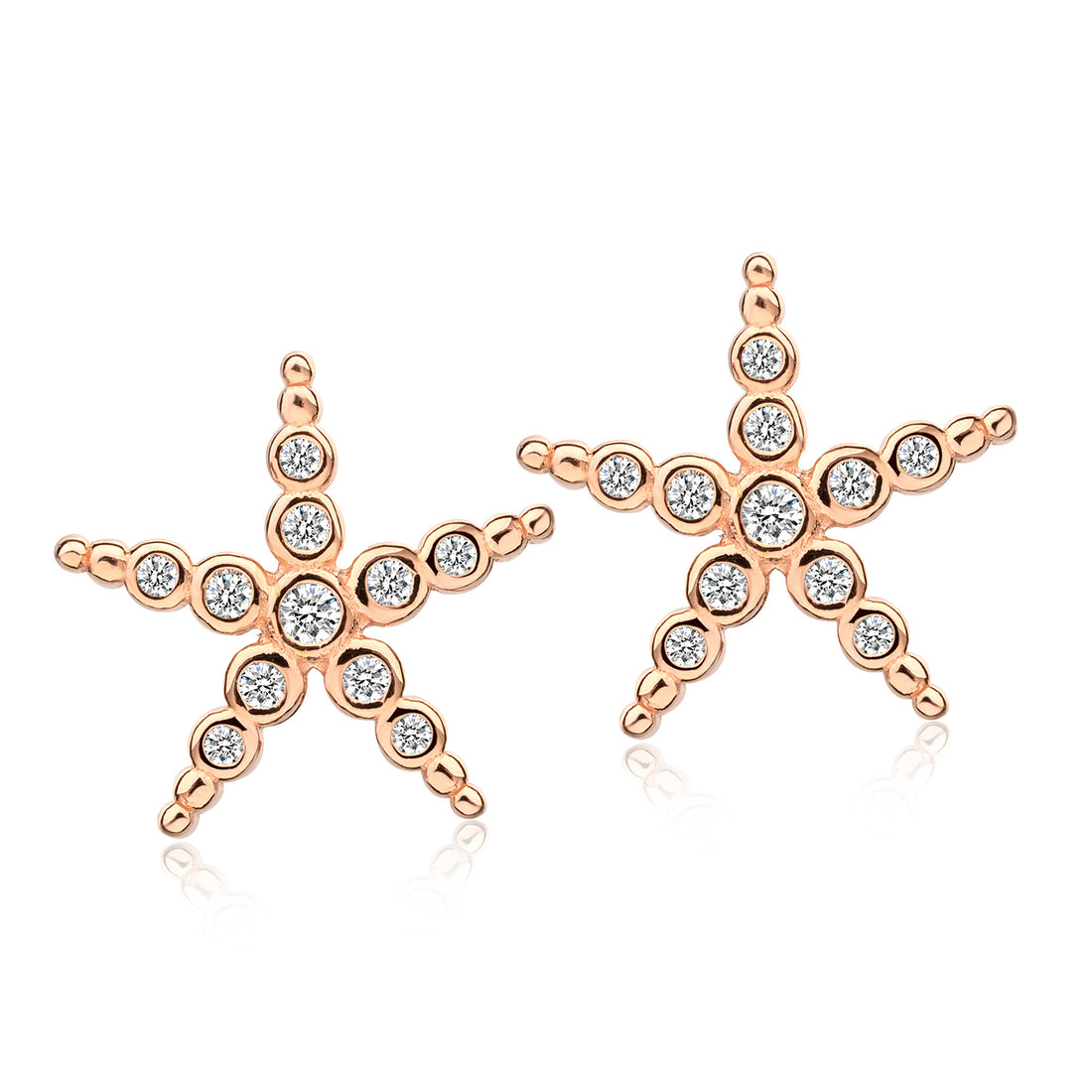 Star stud earrings encrusted in sparkling cubic zirconia stones made from rose-gold.