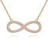 Rose gold infinity necklace encrusted with CZ stones.