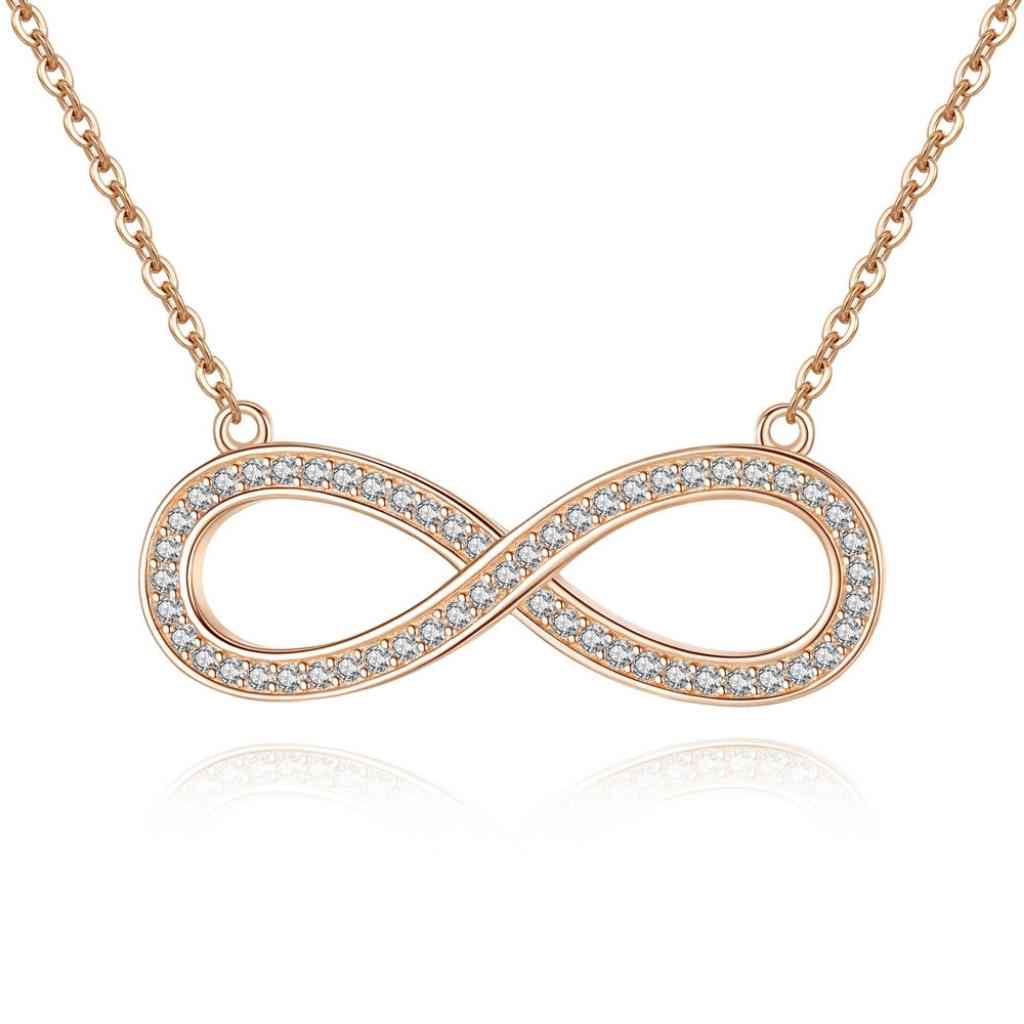 Rose gold infinity necklace encrusted with CZ stones.