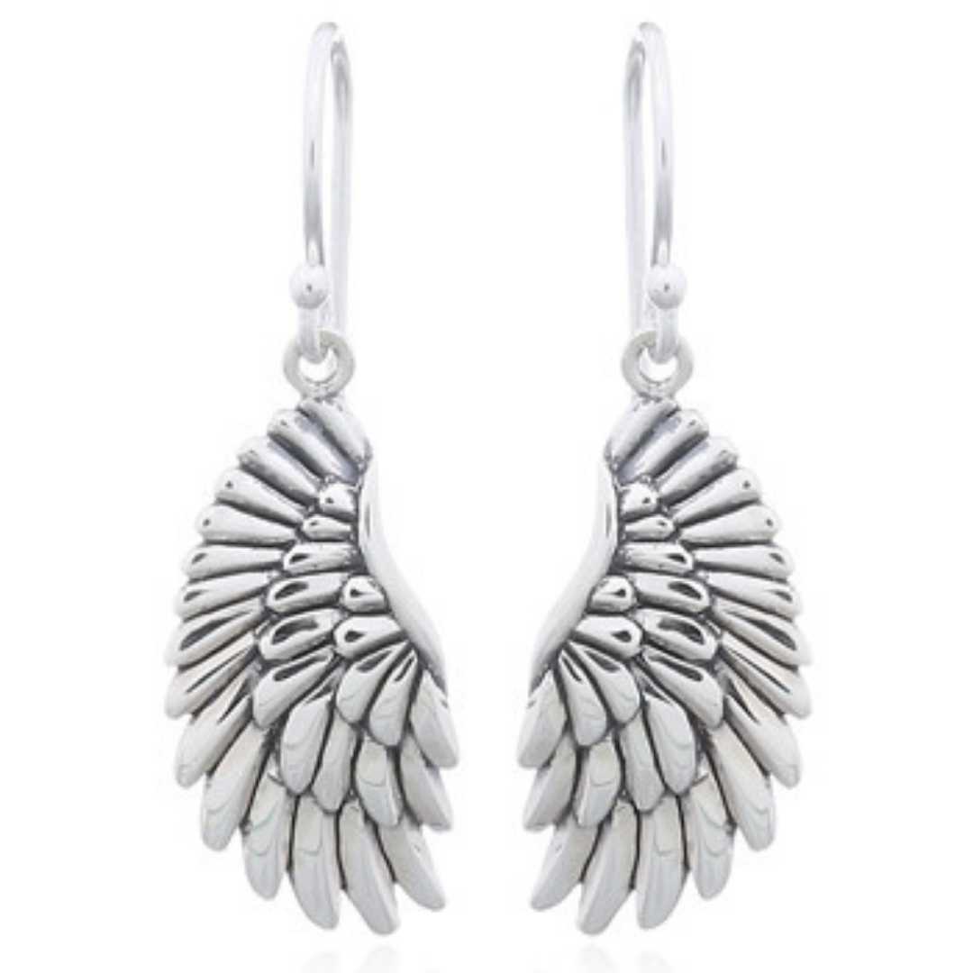 925 Sterling Silver Angel Wing Dangle Earrings. Intricate detail on the design.