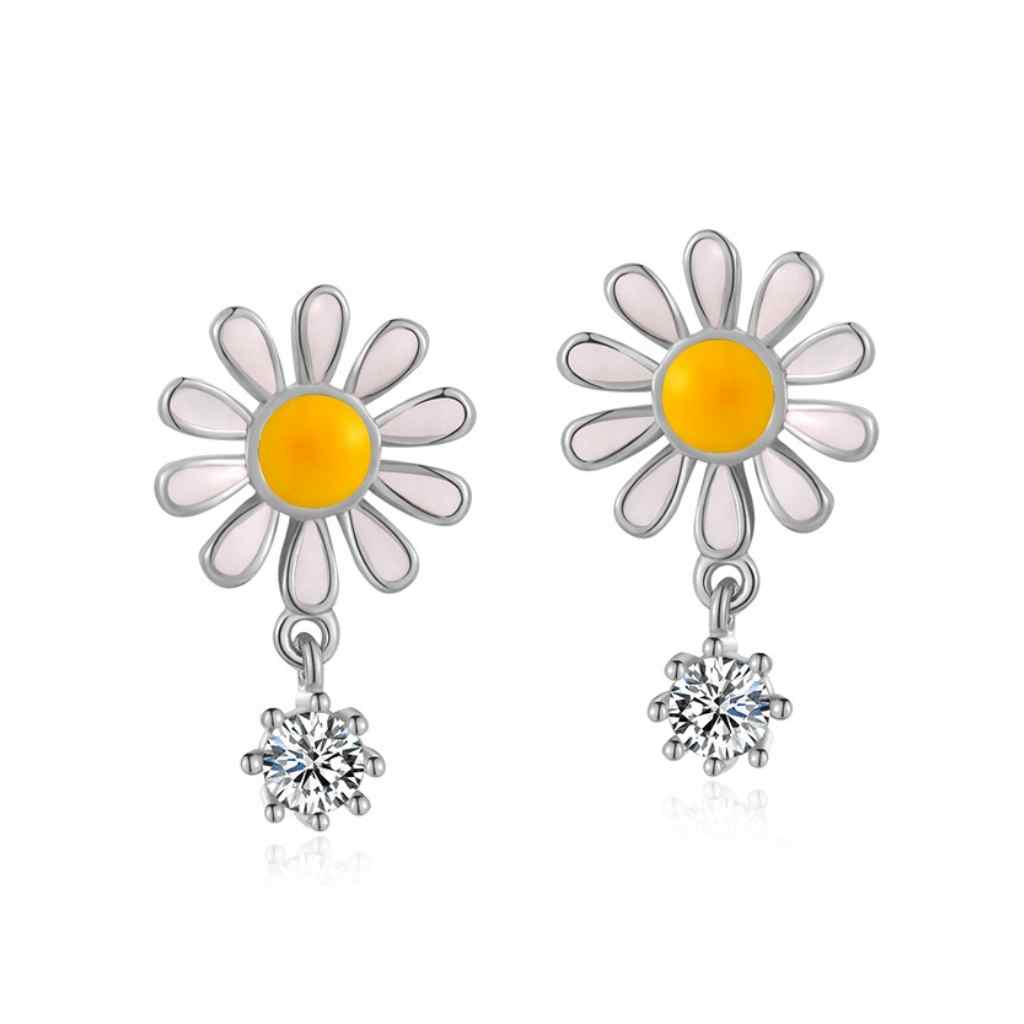 Daisy stud earrings with a drop attached sparkling cubic zirconia stone.